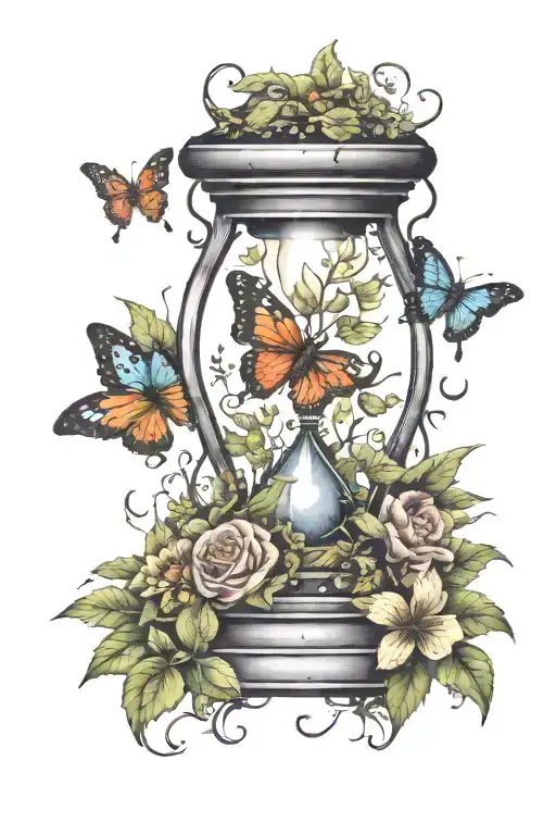 Hourglass Surrounded By Leaves With Caterpillar And Butterfly