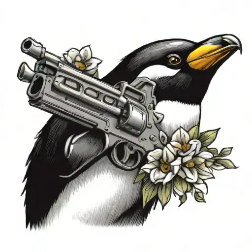 Create A Tattoo Of A Penguin With A Gun And A Flower Comes Out Of The Gun's Mouth