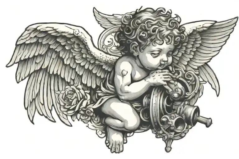 Dead Depressed Cherub Angel Looking Up Wings And Guns