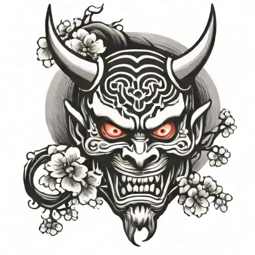 Japanese Demon Mask With Sakura Flowers