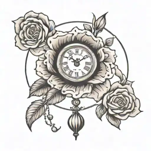 Clouds Around Old Hand Clock One Big Rose With Small Tulips
