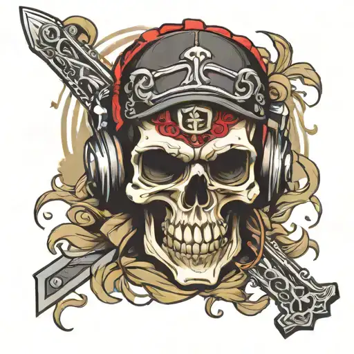 Skull Wearing Headphones And Holding Sword