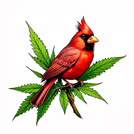 Cardinal Perched On The Stem Of A Cannabis Plant
