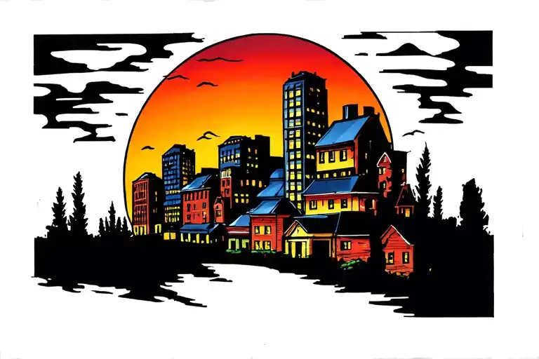 Buildings Sunset Scene