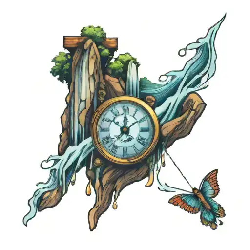 Clock Going Into Waterfall Flowing