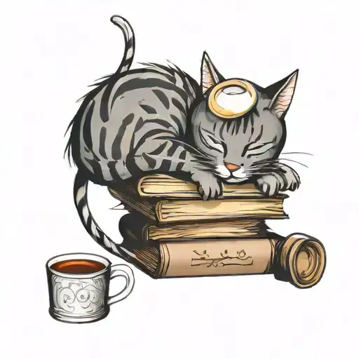 Cat Sleeping On Stack Of Books With A Hot Cup Of Tea
