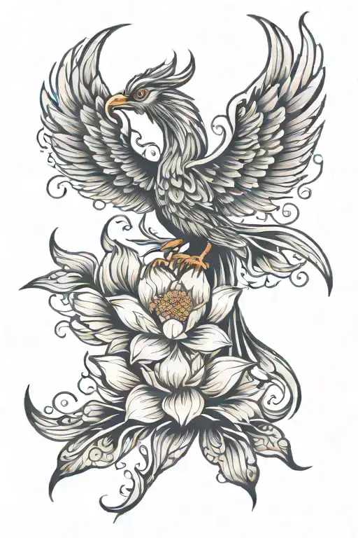 Phoenix And Lotus Flower Emerging