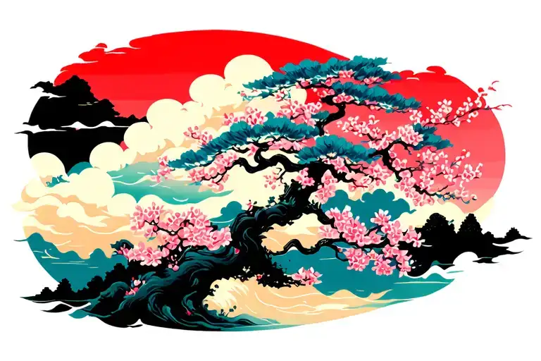 Asian Clouds Swirling Cherry Blossom Tree