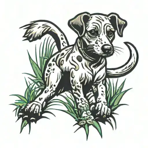 Small Tattoo Of Dog Kicking Back Legs On Grass