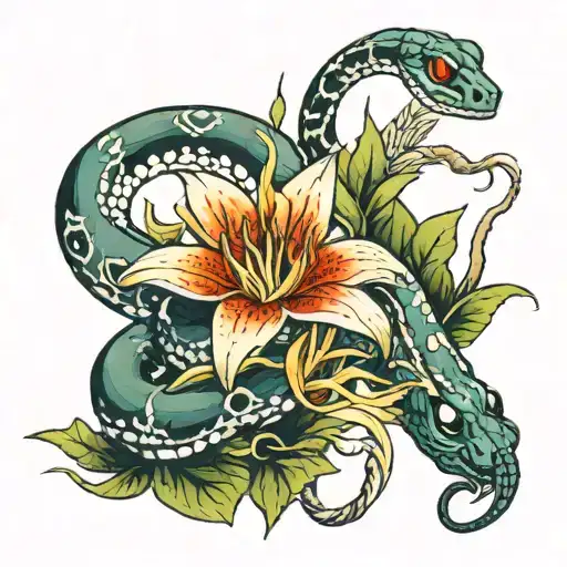 A Snake Coils Around A Hand Surrounded By A Spider Lily