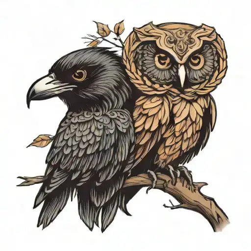 Crow And Owl Looking At Each Other