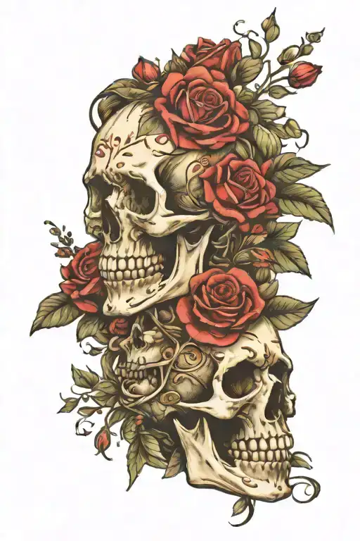 Skull And Roses And Australian Native Flowers Intertwined