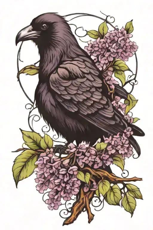 Crow And Purple Lilacs Intertwined