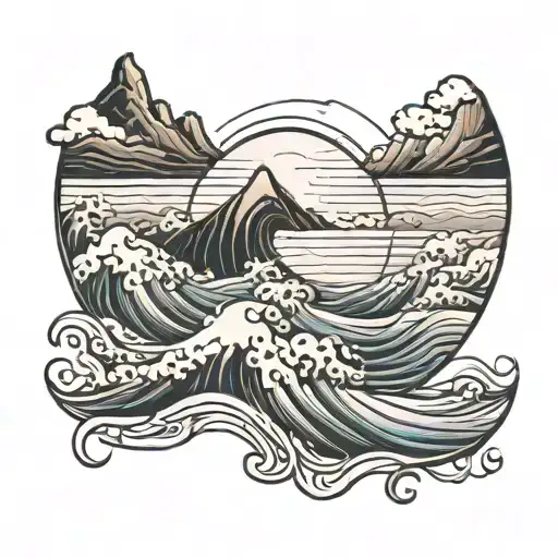 One Line Samll Tattoo Have Moutians And Sun And Waves