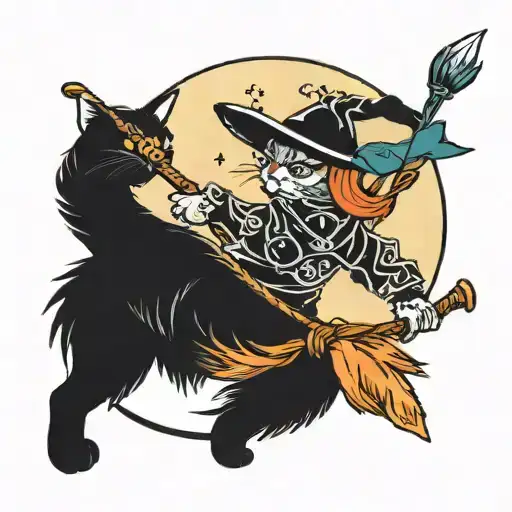 Cat Riding A Broom In Front Of The Moon Surrounded