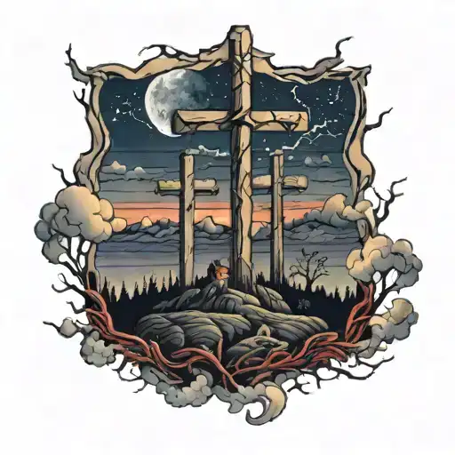 Calvary Hill With The Crosses And Dark Sky Filled With Darkness And Lightnings