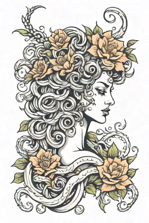 Medusa Spine Tattoo With Flowers