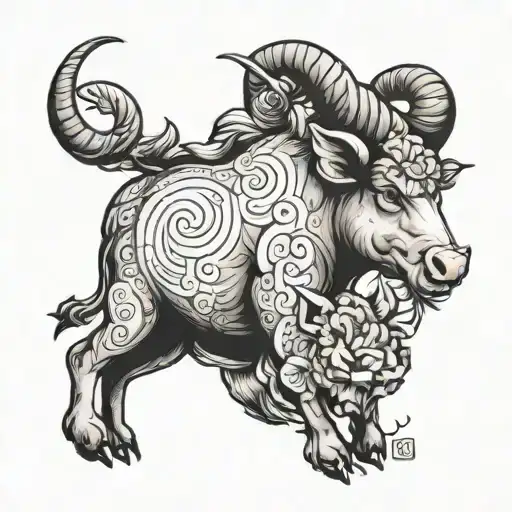 Aries And Pig In One Animal Whit Big Horns Tattoo For Beautiful Woman