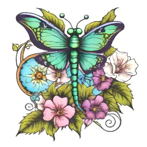 Green Dragonfly Purple Morning Glories