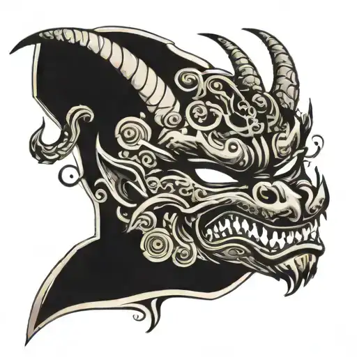 Evil Japanese Style Mask With Horns And Dragon