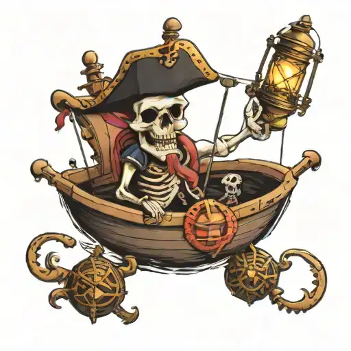 Tattoo From Shoulder To Wrist Skeleton Pirate With Lantern Pirate Ship Megalodon