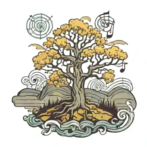 A Tree With Musical Notes As The Crown Sitting In A Valley With A Dark Stormy Background