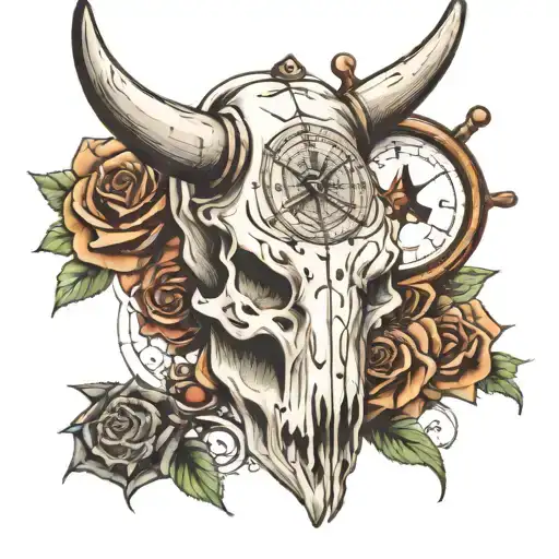 Bull Skull With Clock And Compass And Rose And Playing Cards