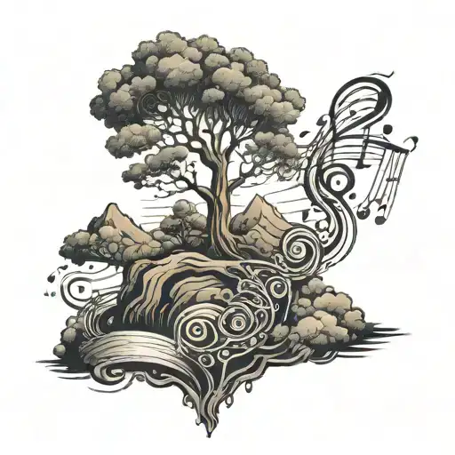 A Tree With Musical Notes As The Crown Sitting In A Valley With A Dark Stormy Background