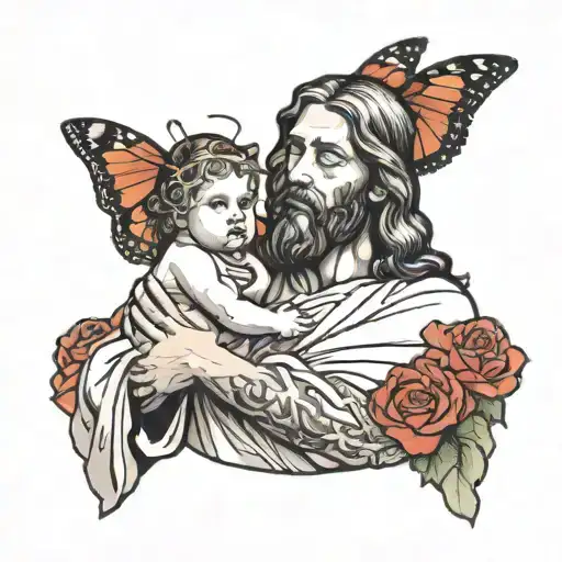 Jesus With A Butterfly Holding A Baby Girl In His Hands