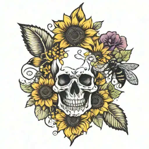 Sunflower Blooming Cherry Blossom With Bees And Skulls