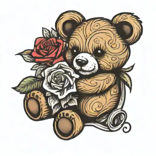 Teddy Bear Holding Rose Intertwined