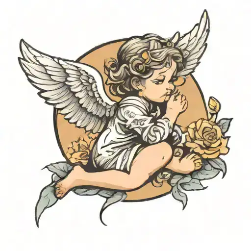 Little Angel Leaning On A Cloud And Swallows Around