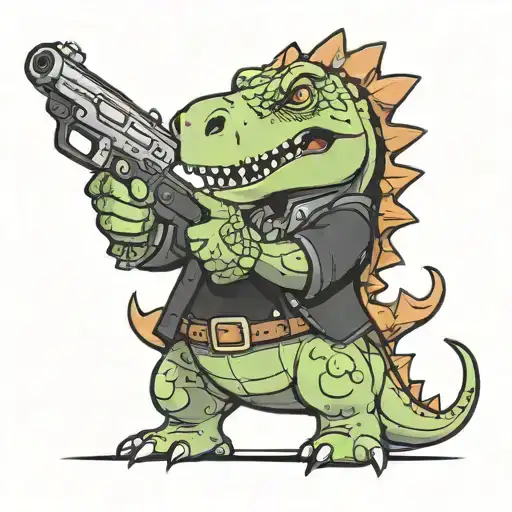 Animated Dinosaur With A Black Clover Anime Tattoo Holding A Gun