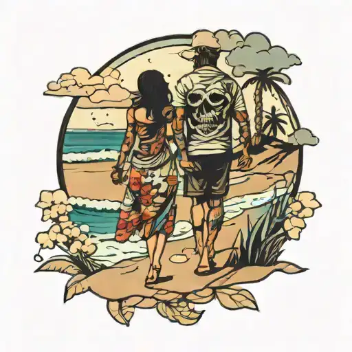 Couple Walking Along Beautiful Beach