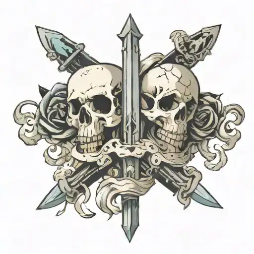 Sword Pointing Downward Piercing Through Stacked Skulls