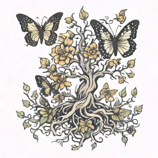 Poison Tree With Roots And Dead Butterflies Fluttering