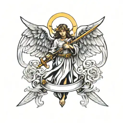 Angel With Wings With A Sword And A Cross Behind It