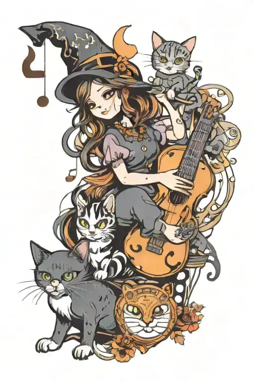 Little Witch And Kitten Playing Music Notes Flowing