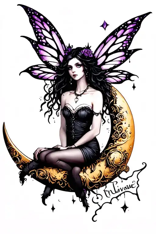 Goth Fairy Sitting On Crescent Moon