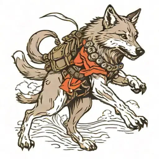 A Neotraditional Tattoo Of A Wolf In Military Gear Leading A Pack Of Runners