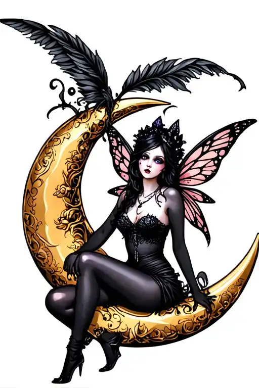 Goth Fairy Sitting On Crescent Moon