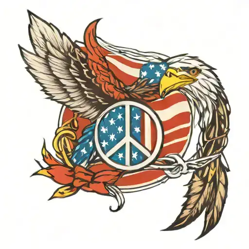 American Flag Intertwined With A Peace Sign And Eagle Feathers