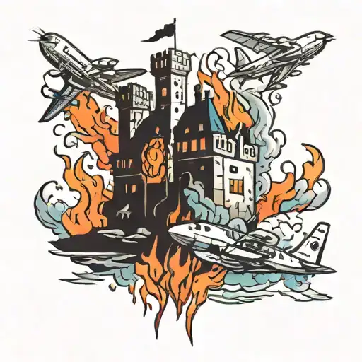 Castle On Fire With Airplanes On It