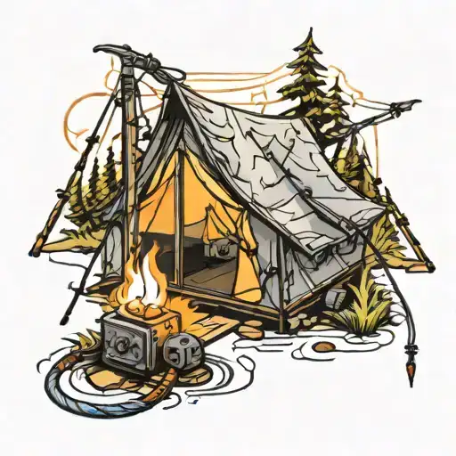 A Neotraditional Tattoo Of A Camping Tent Surrounded By Electrical Wires And Bolts