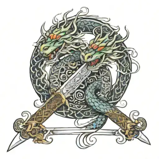 2 Chinese Dragons Wrapped Around A Sword