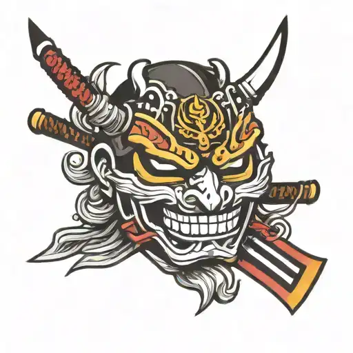 A Hanja Mask With A Katana In Its Mouth