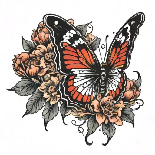 Black And Red Butterfly With Flowers Growing Out The Wings