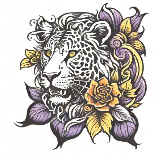 Leo Tattoo With Purple Red And Yellow Flowers