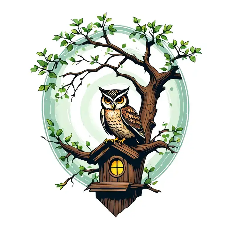 Owl In Tree With Treehouse