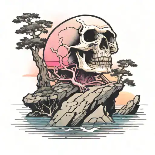 Skull Sitting At Ledge Of Cliff By Ocean With Pinewood Trees And Pink Sunset